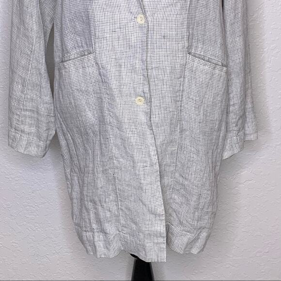 Eileen Fisher white navy windowpane plaid long linen jacket size Medium - Picture 10 of 14